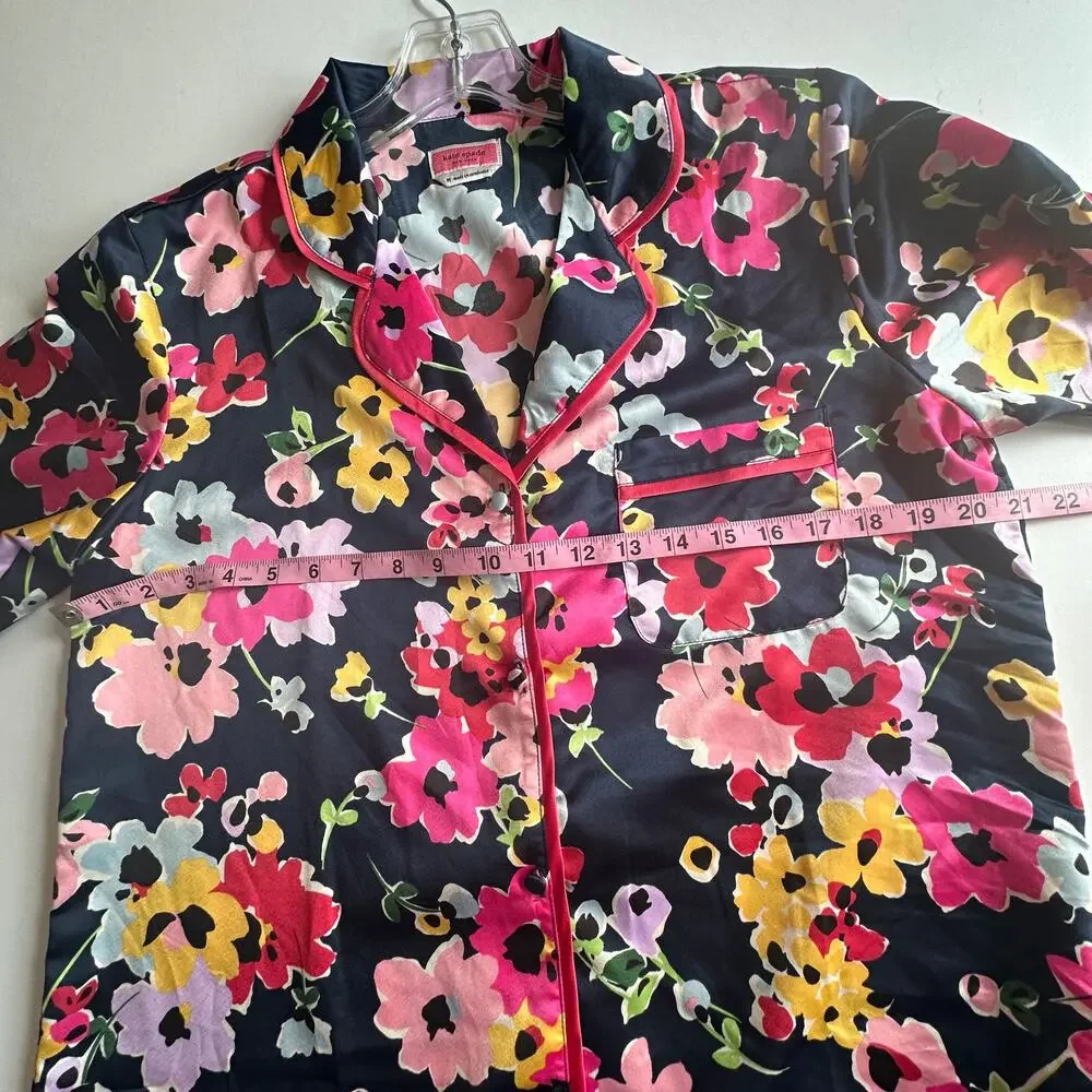 Kate Spade Floral Pajama Set Womens Medium Navy Pink Colorful Lounge 2-Piece PJs